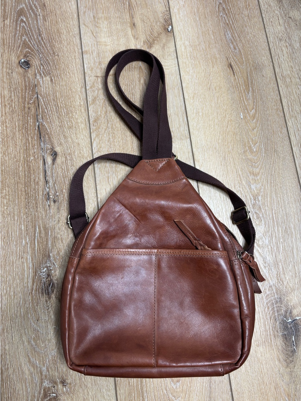 Genuine Leather Brown Backpack Sling Bag Lots Of Compartments Adjustable Comuter
